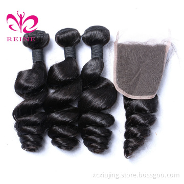 REINE wholesale free sample malaysian remy Loose wave human virgin mink hair bundles with 4*4 closure